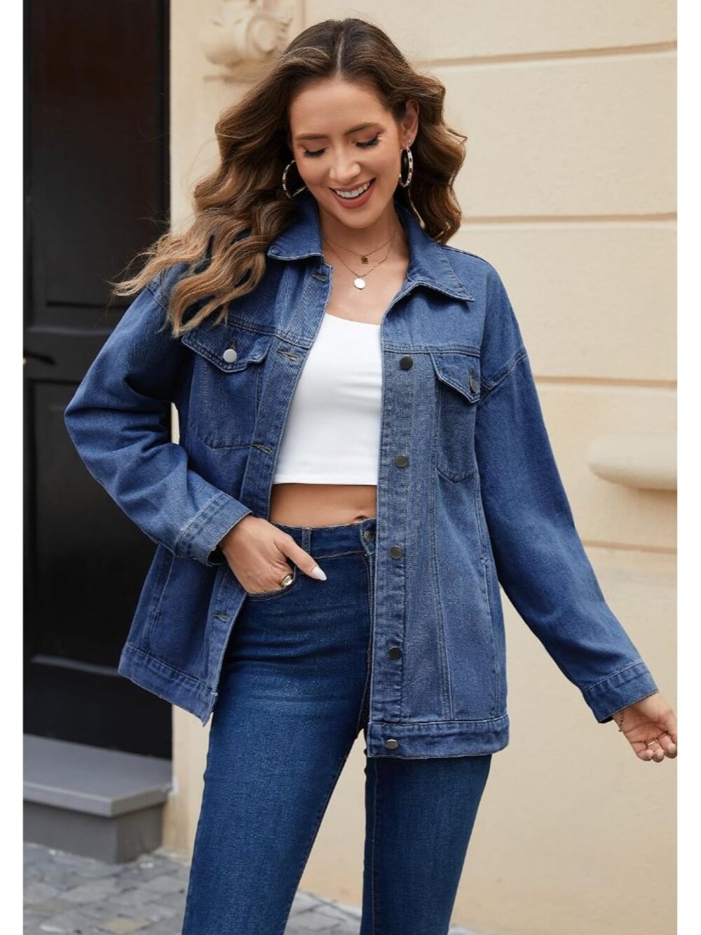 Womens Dark Blue Button Down Oversized Loose Fit Imported Denim Jean Jacket Coat - Picture 2 of 5